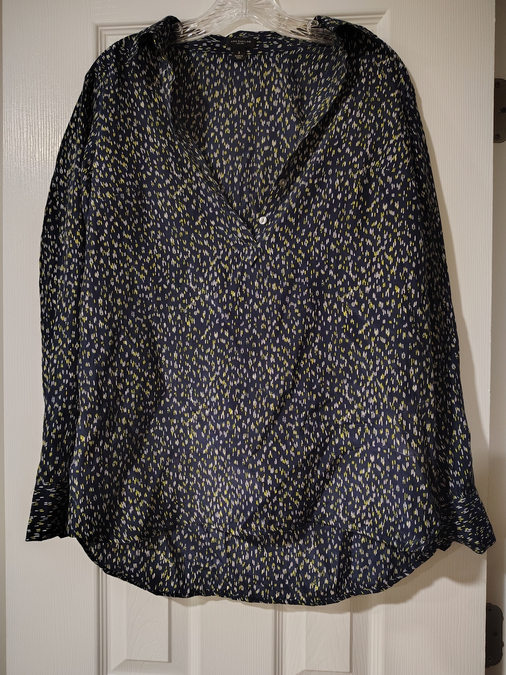 Ann Taylor Navy Button-Front Blouse with Yellow Dot Pattern
